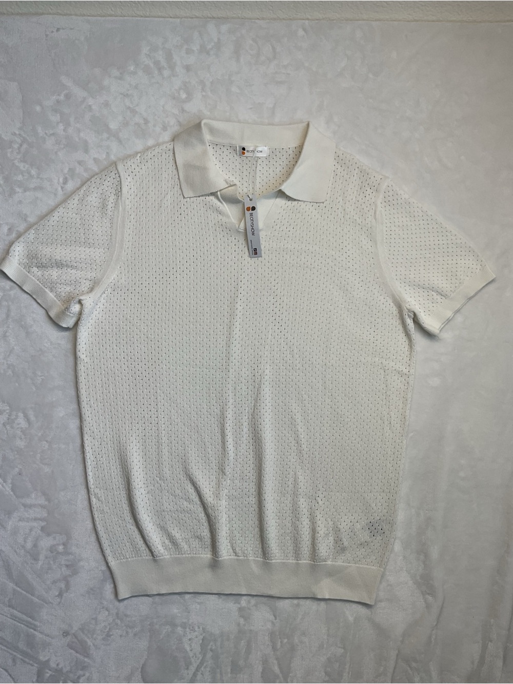 Men's White Knit Polo with Breathable Pointelle Knit